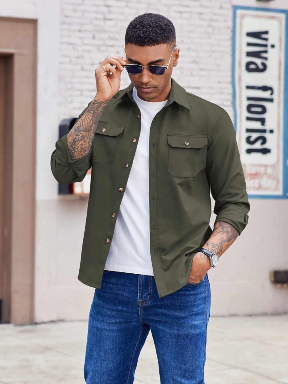 Men's Long Sleeve Button Up Shirt Jacket with Flap Pockets - Picture 2 of 7